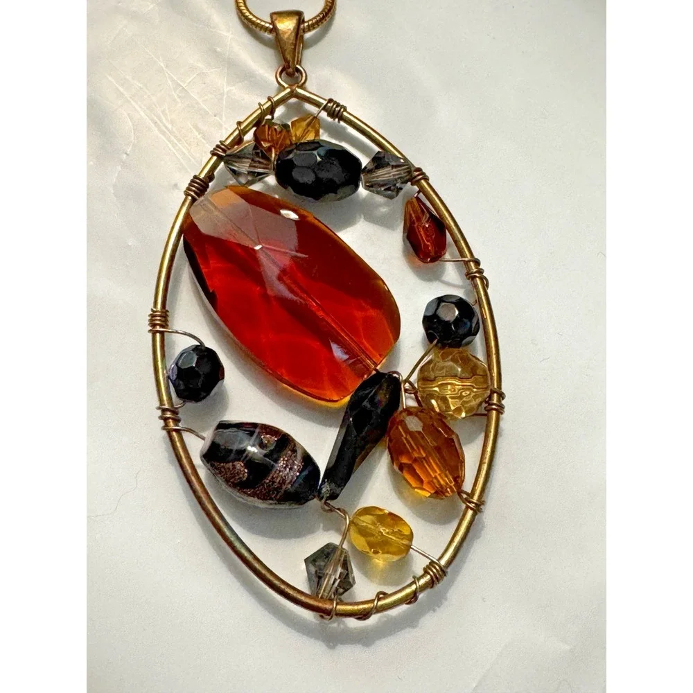 Gold‎ Tone Snake Chain Necklace Amber Multi Bead Wire Wrapped Oval Pendant